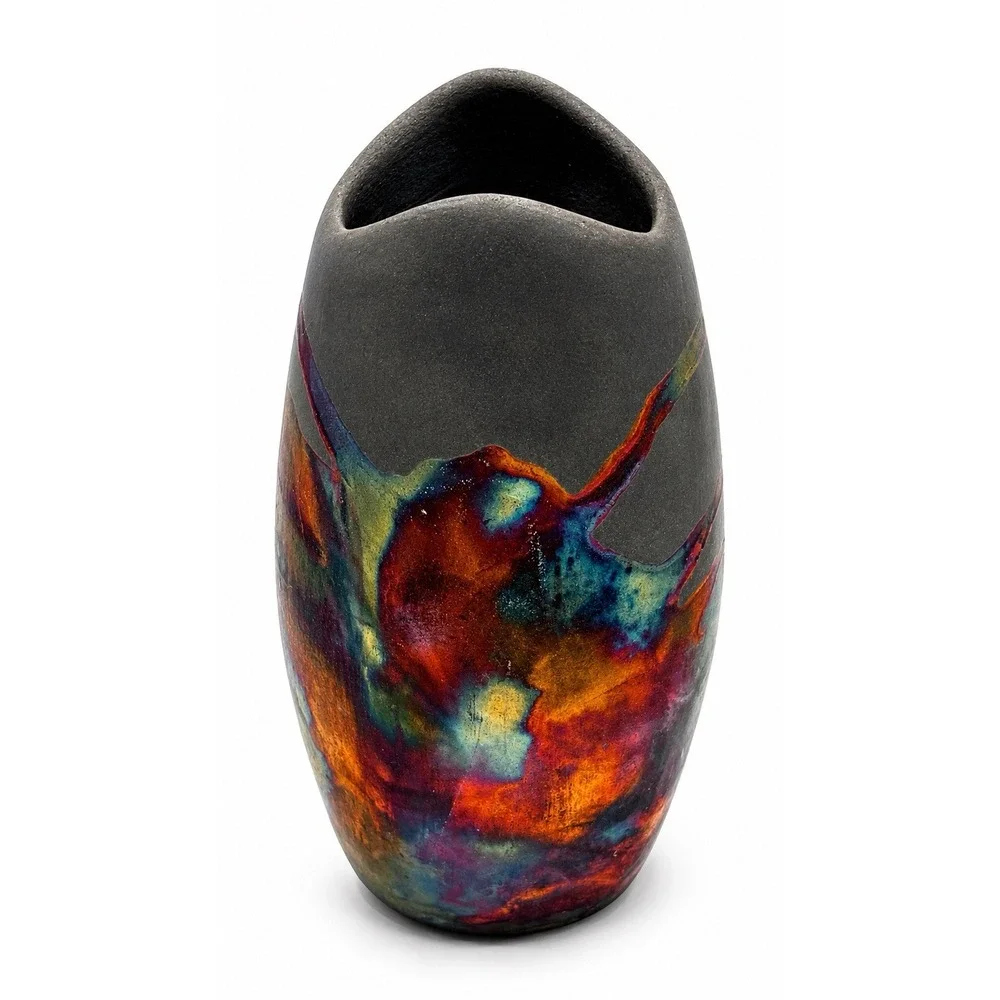 RAACUU Studio Pottery Vase Abstract Multicolor Glaze Handcrafted Stamped Base